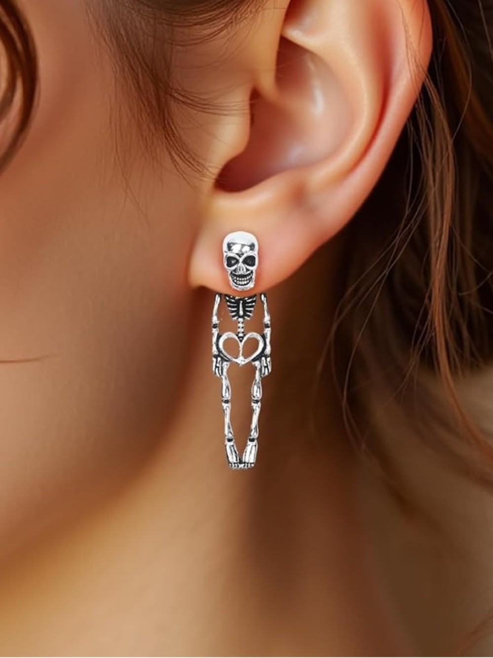 Anthropologie Silver Skeleton Heart Drop Earrings